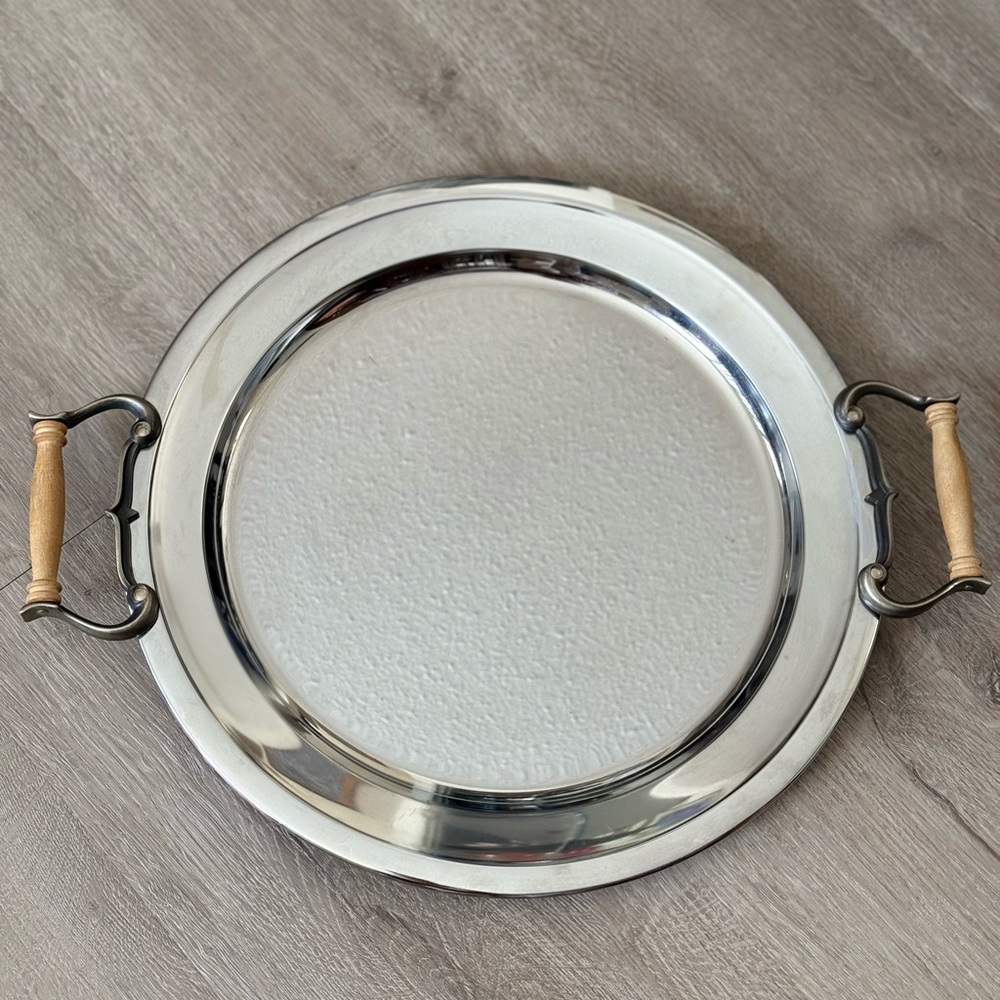Vintage Kromex 13" Round Serving Platter Mid Century Chrome Tray Wooden Handles